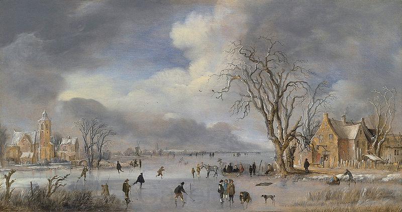 Aert van der Neer A winter landscape with skaters and kolf players on a frozen river, Norge oil painting art